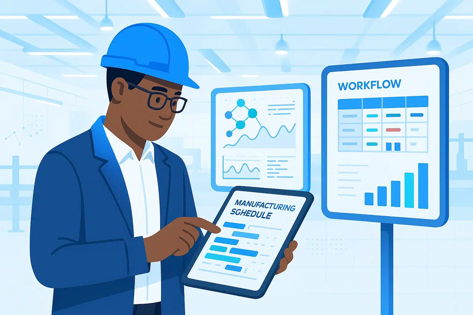 Un professionnel de l'industrie consultant un tableau de bord de planification de la production avec des graphiques et des données de workflow pour la GPAO.