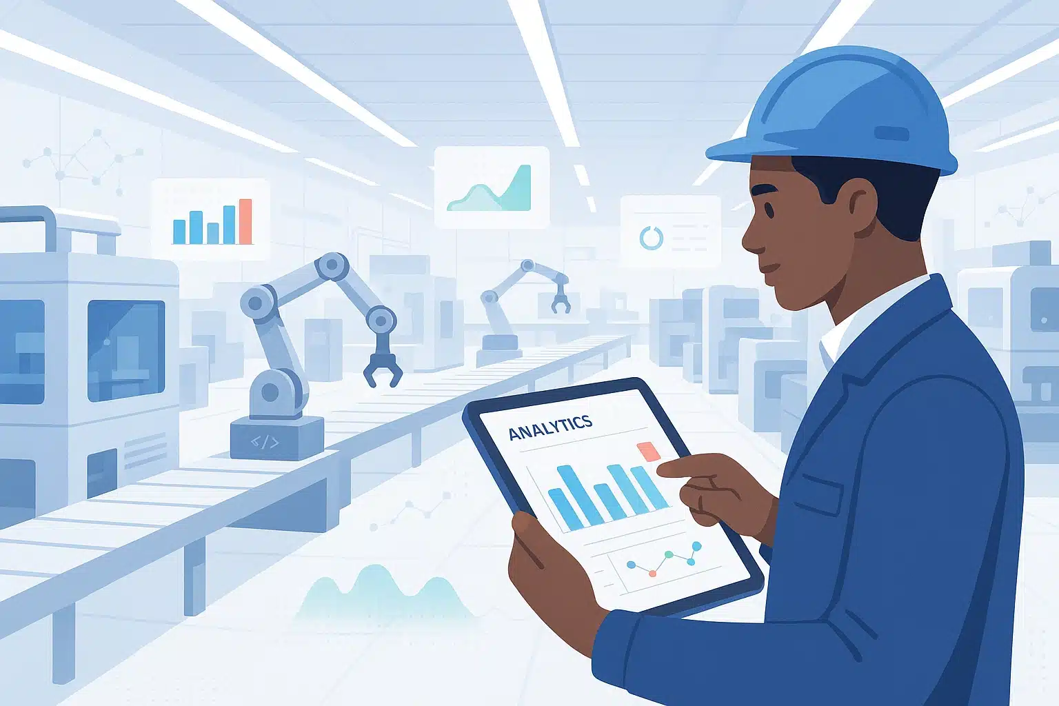 Illustration d'un professionnel supervisant les niveaux d'inventaire avec des graphiques, représentant la gestion de la production assistée par ordinateur (GPAO).