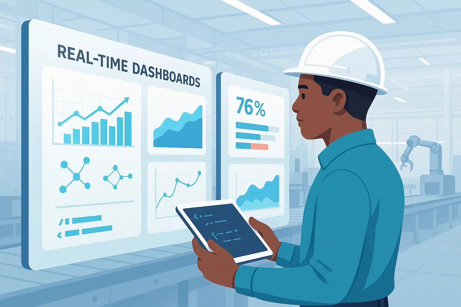 Personne utilisant un tableau de bord en temps réel pour analyser des données de production dans un environnement industriel, illustrant l'importance de la GPAO.