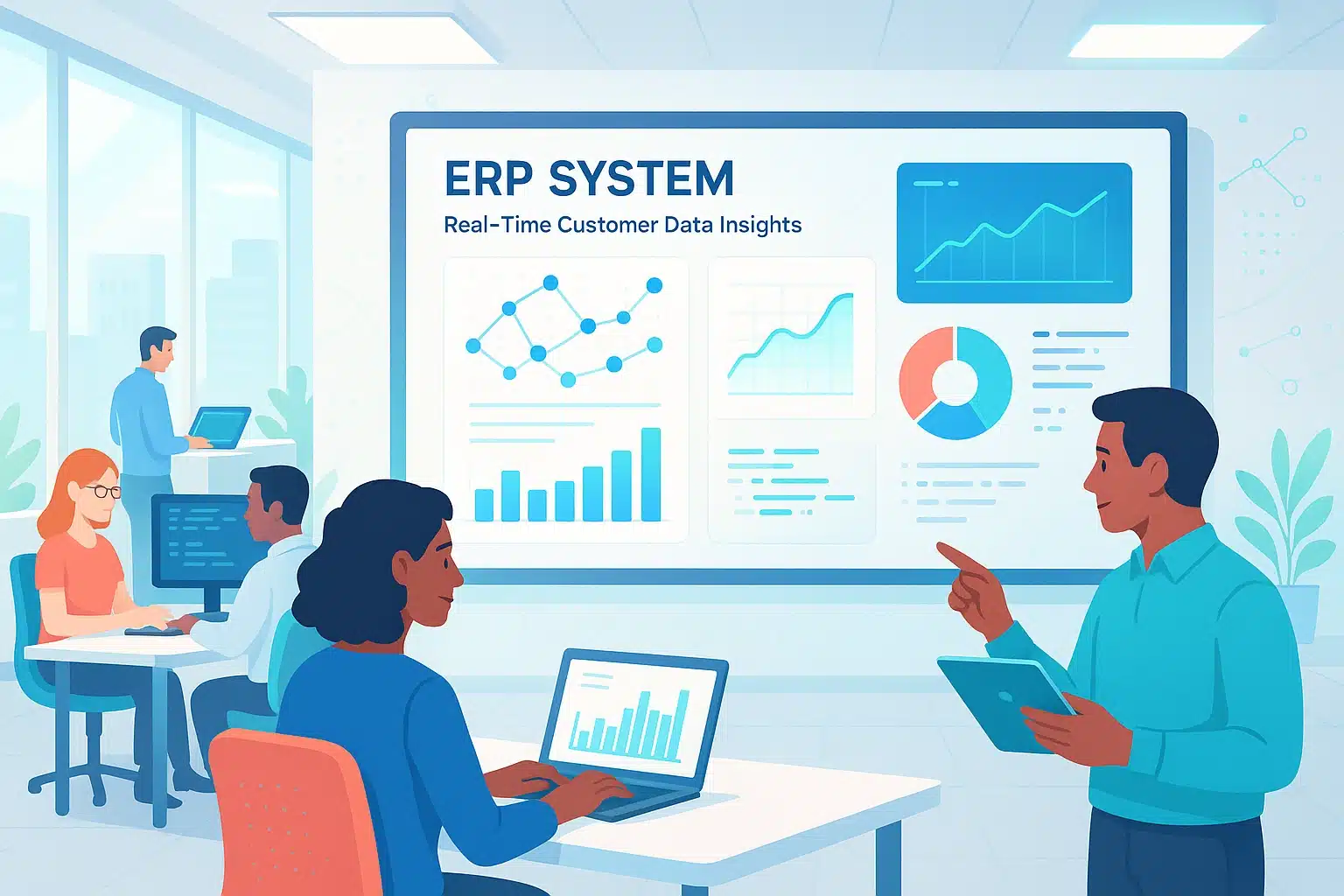 Équipe utilisant un système ERP d'Infor Global Solutions avec des graphiques et des tableaux sur écran affichant des analyses de données client en temps réel.