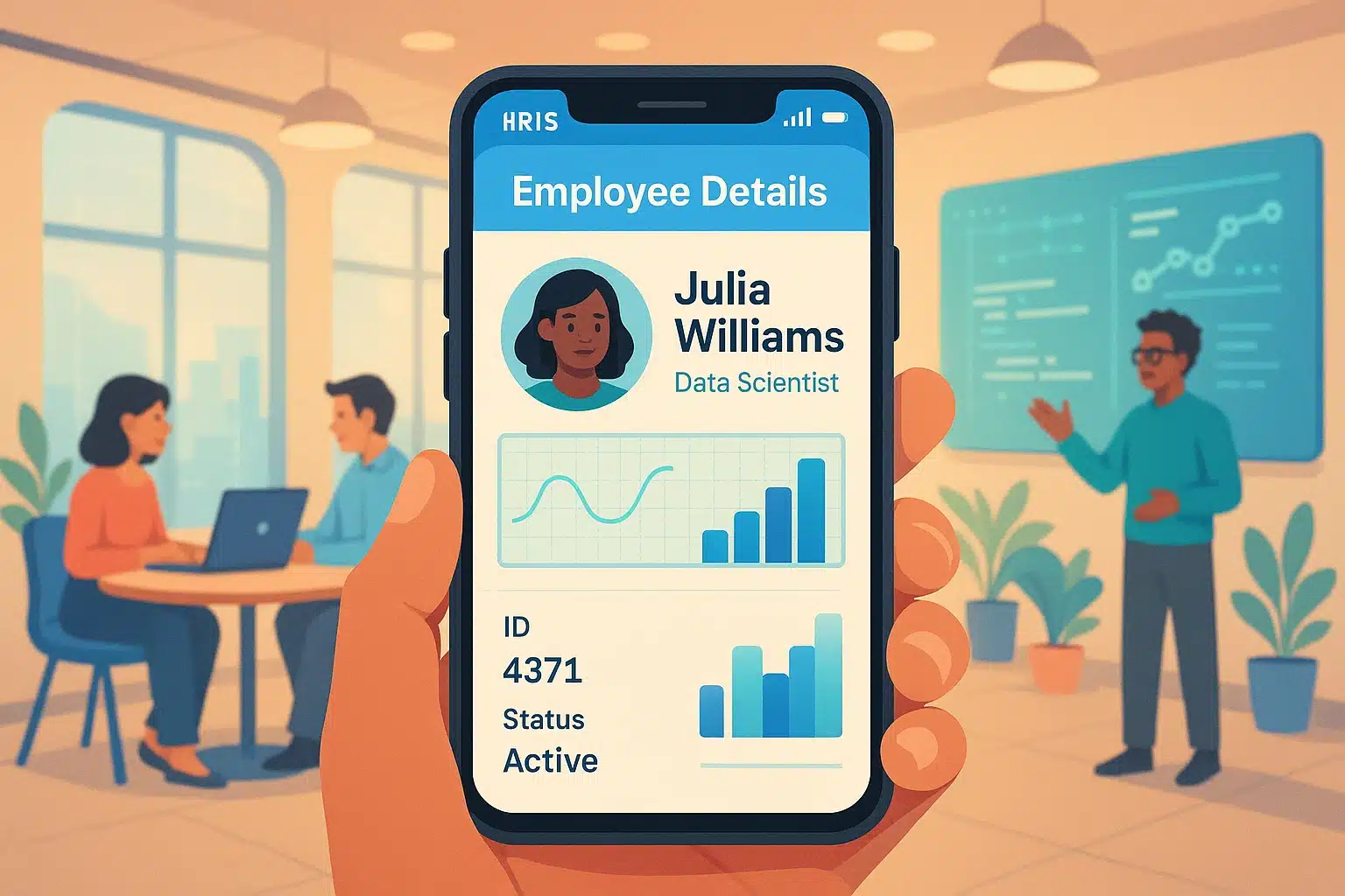 Détails d'un employé affichés sur un smartphone, montrant une analyse de données et des informations sur un data scientist dans un bureau moderne.