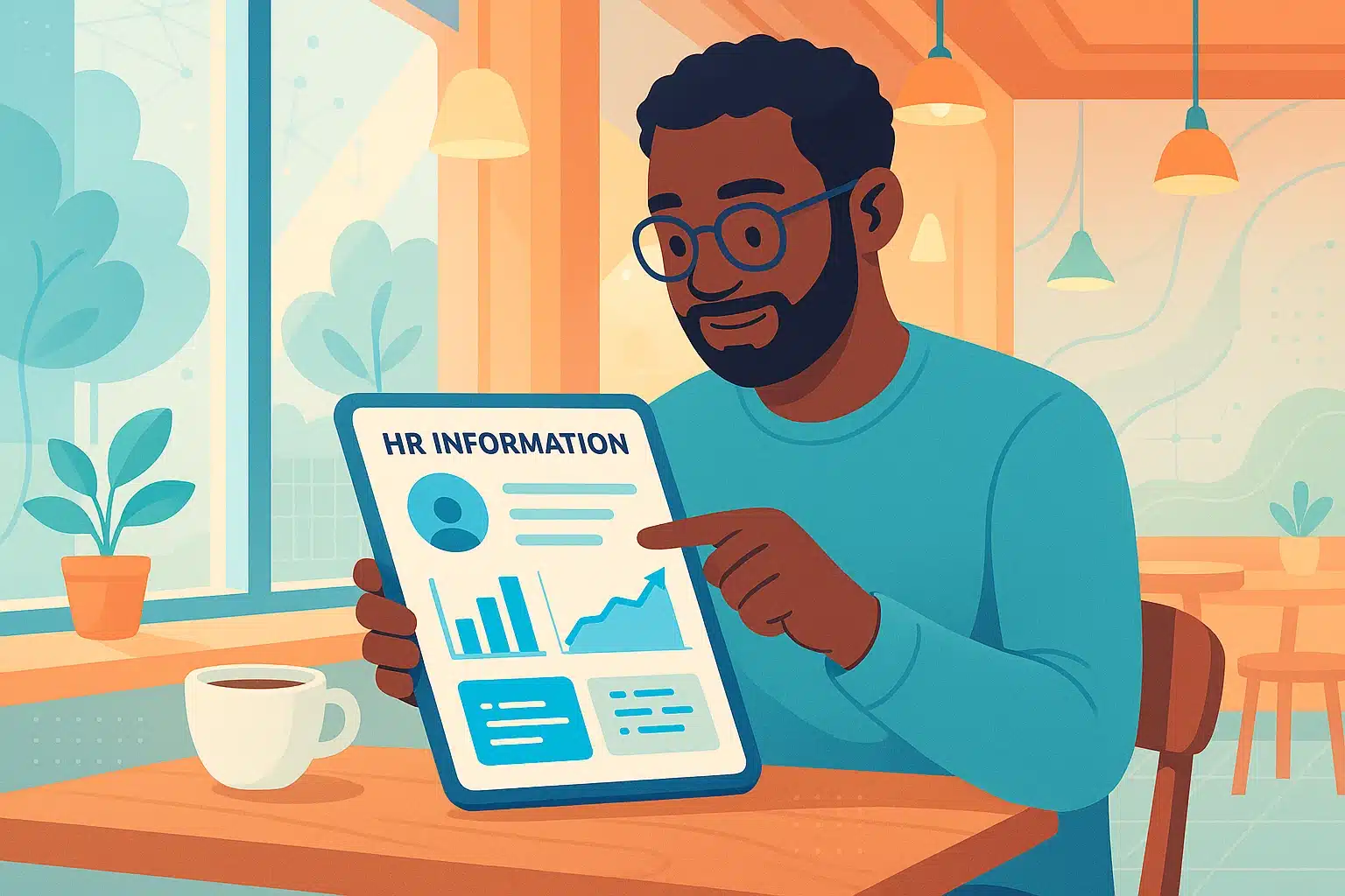 Client consultant des informations RH sur une tablette dans un café, représentant l'utilisation d'un nomade SIRH SaaS.