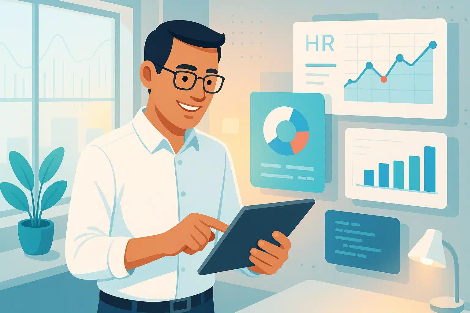 Un professionnel utilisant une tablette pour accéder à un logiciel de gestion des ressources humaines, avec des graphiques et des données affichés sur les murs autour de lui, illustrant le concept de Nomade SIRH SaaS.