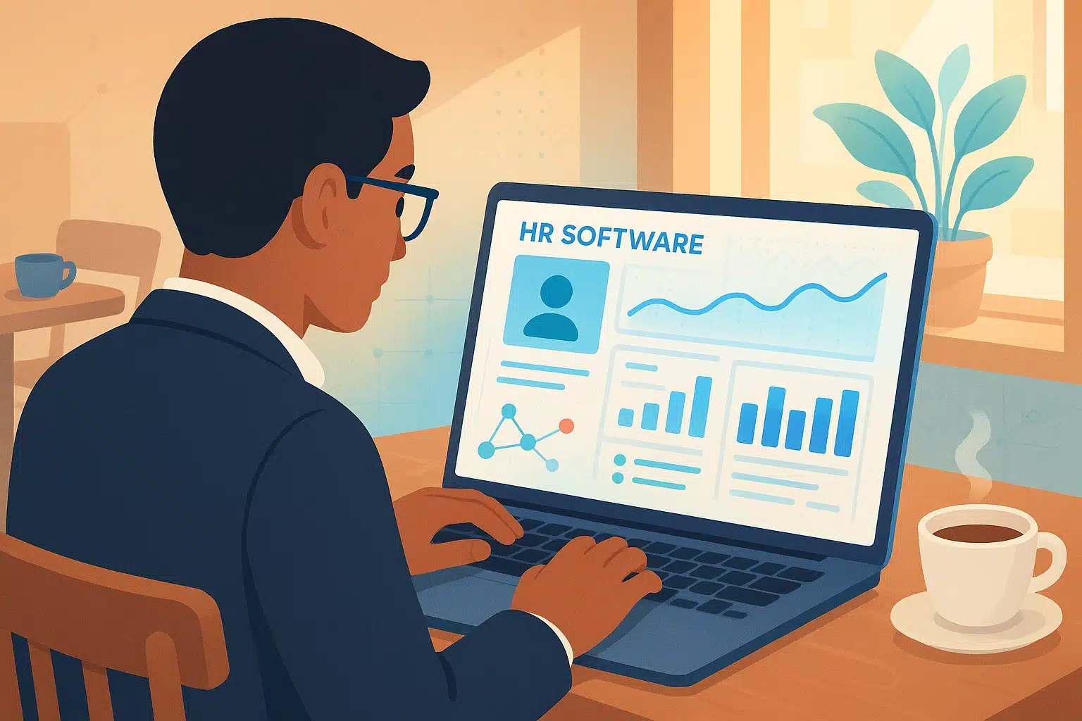 Personne utilisant un logiciel de ressources humaines SaaS sur un ordinateur portable, avec des graphiques et des données affichés à l'écran.