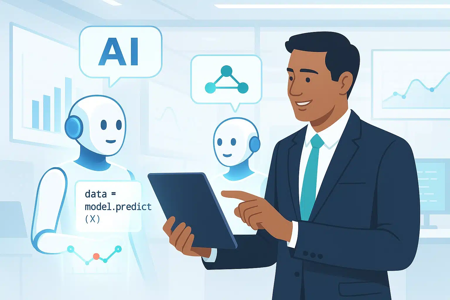 Un professionnel utilisant une tablette entouré de robots illustrant un modèle d'IA pour l'analyse de données.