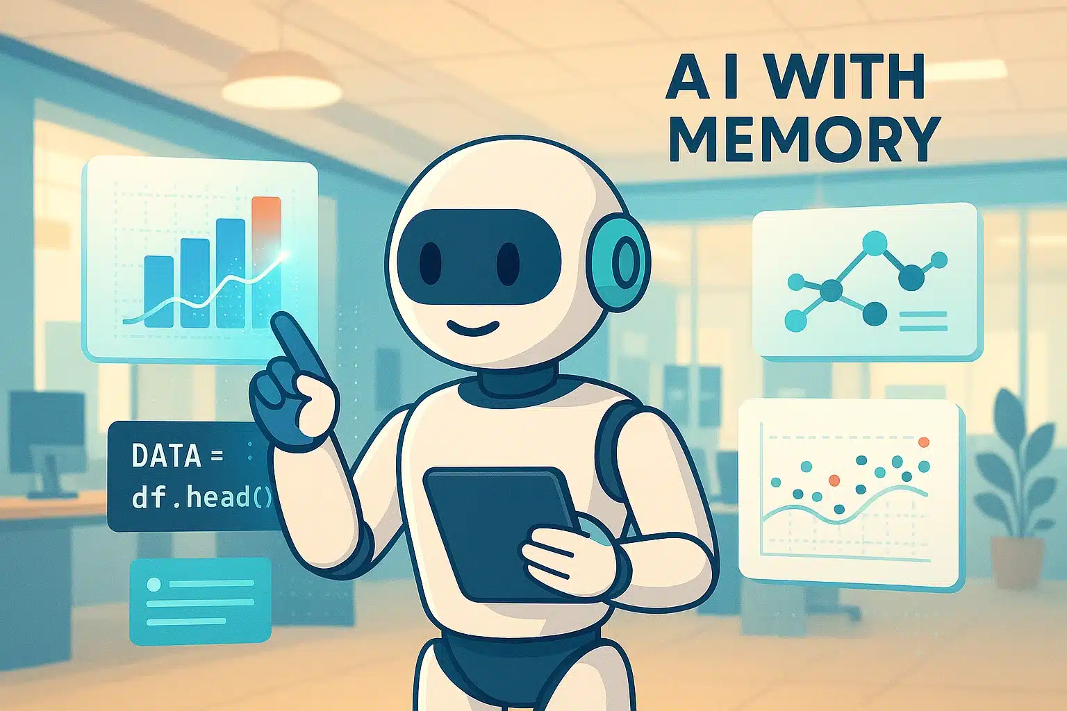 Robot présentant des graphiques et des données illustrant l'agentique et l'intelligence artificielle avec mémoire.