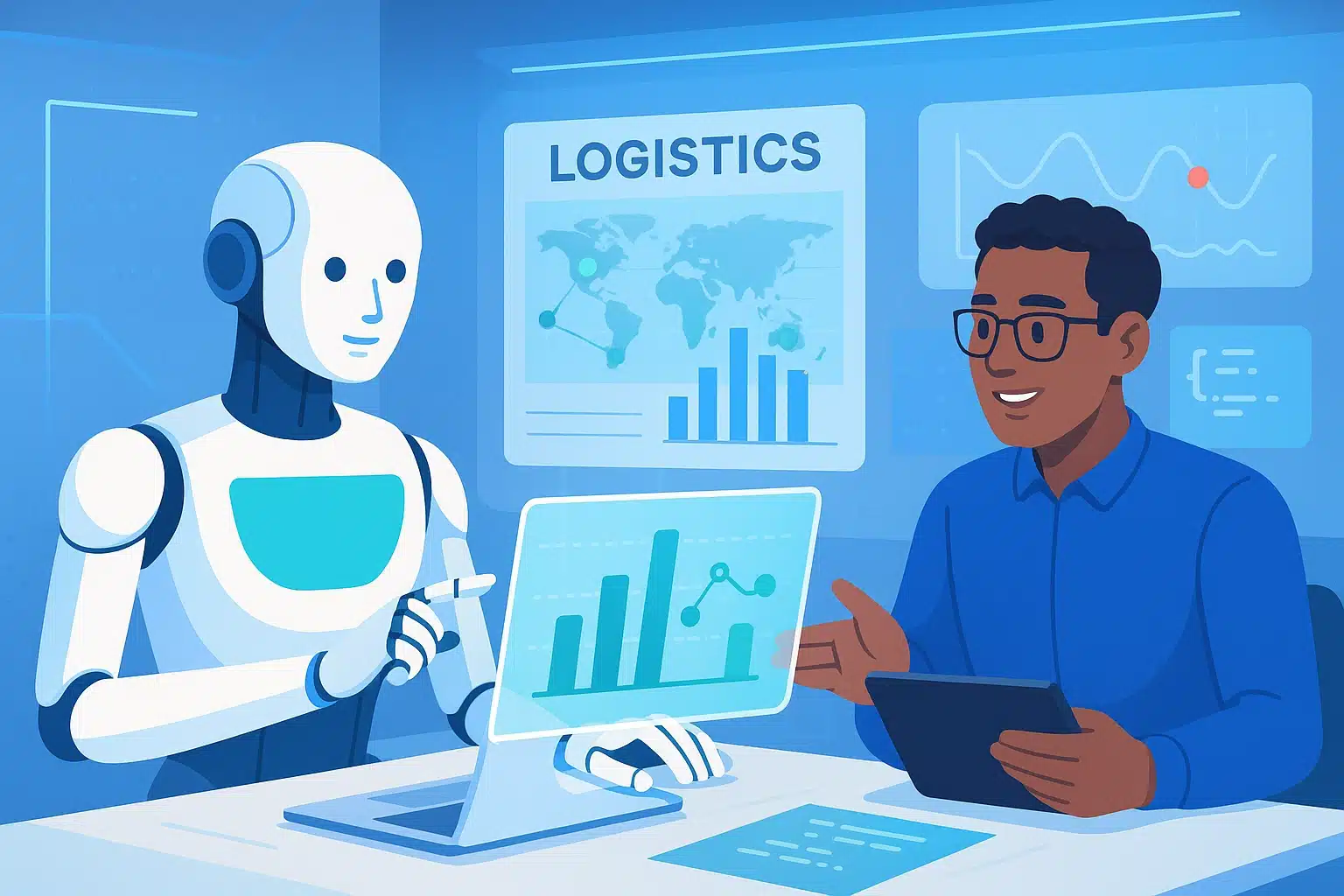 Un robot et une personne discutant d'analyses de données logistiques sur un ordinateur, illustrant l'utilisation de l'agentique dans la logistique.
