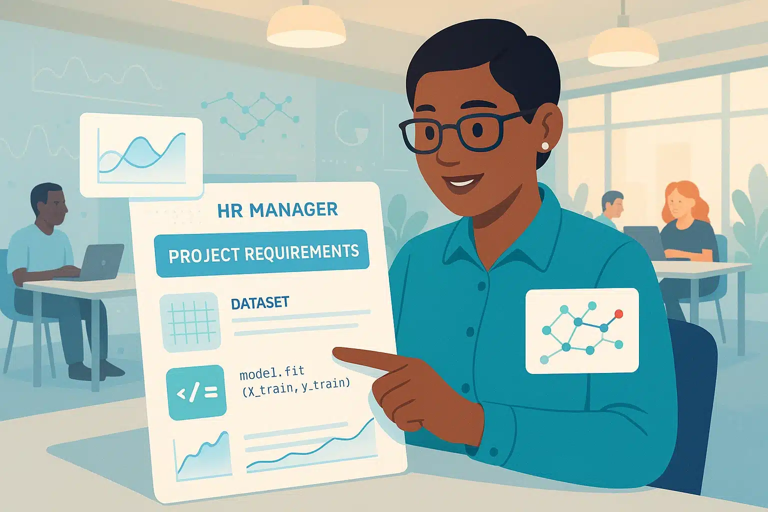 Un gestionnaire des ressources humaines présentant un cahier des charges SIRH avec des exigences de projet et un aperçu de dataset.