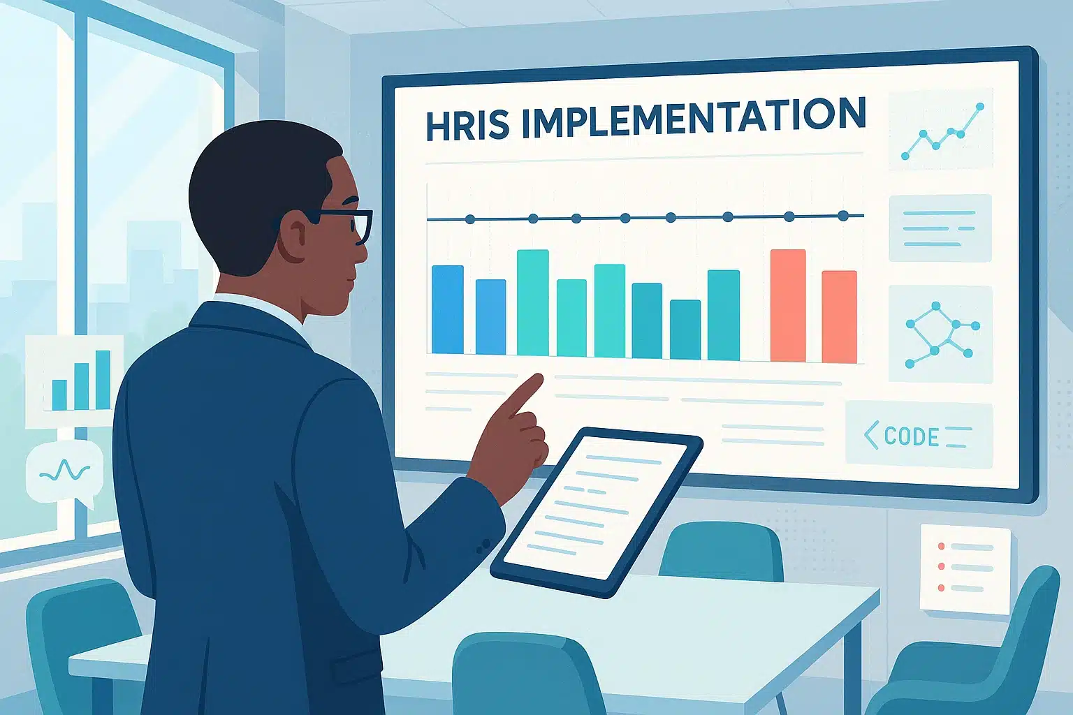 Un professionnel présentant un graphique sur l'implémentation d'un SIRH, avec des données et des analyses affichées sur un grand écran.