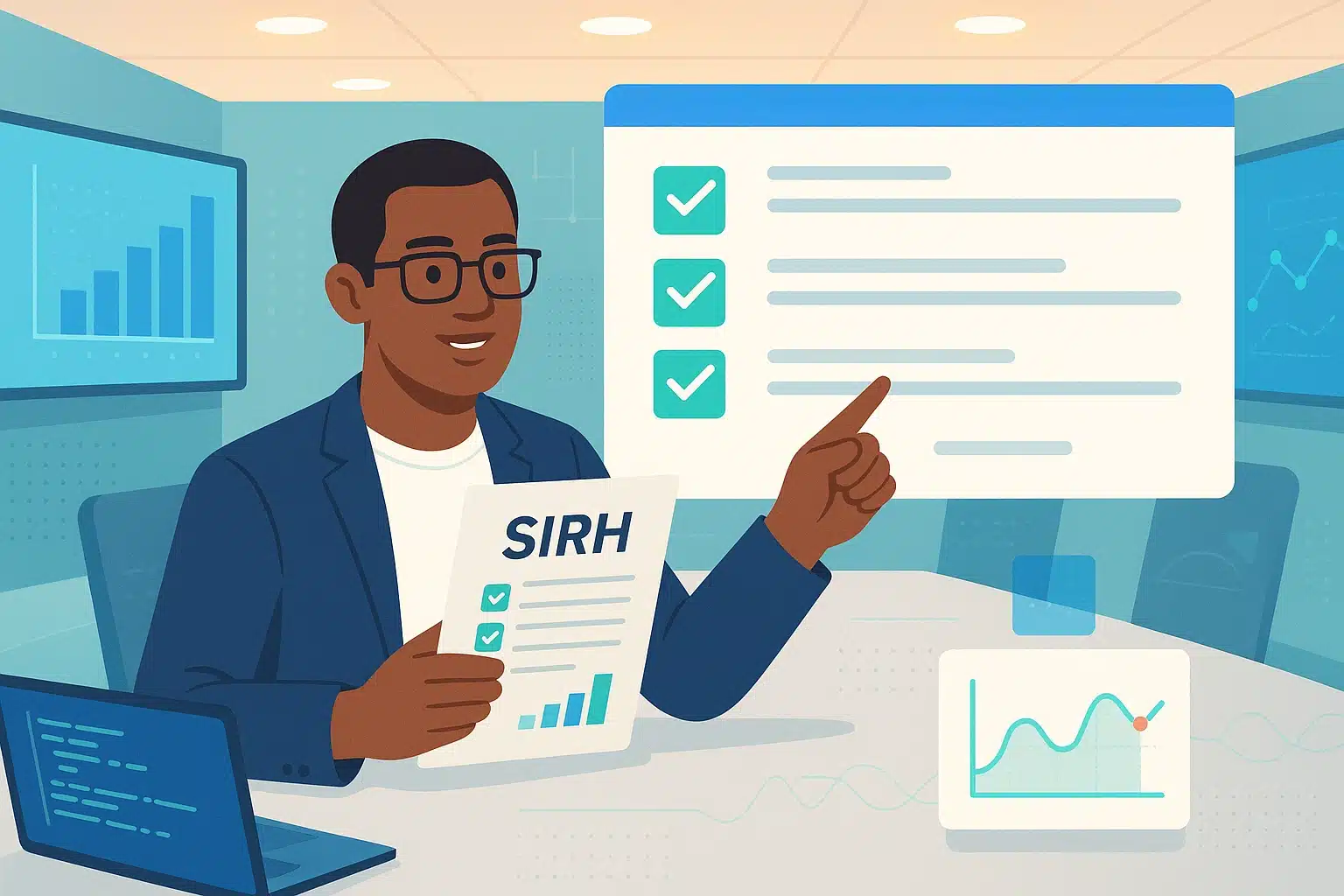 Personne présentant un cahier des charges SIRH avec des graphiques et listes de contrôle en arrière-plan