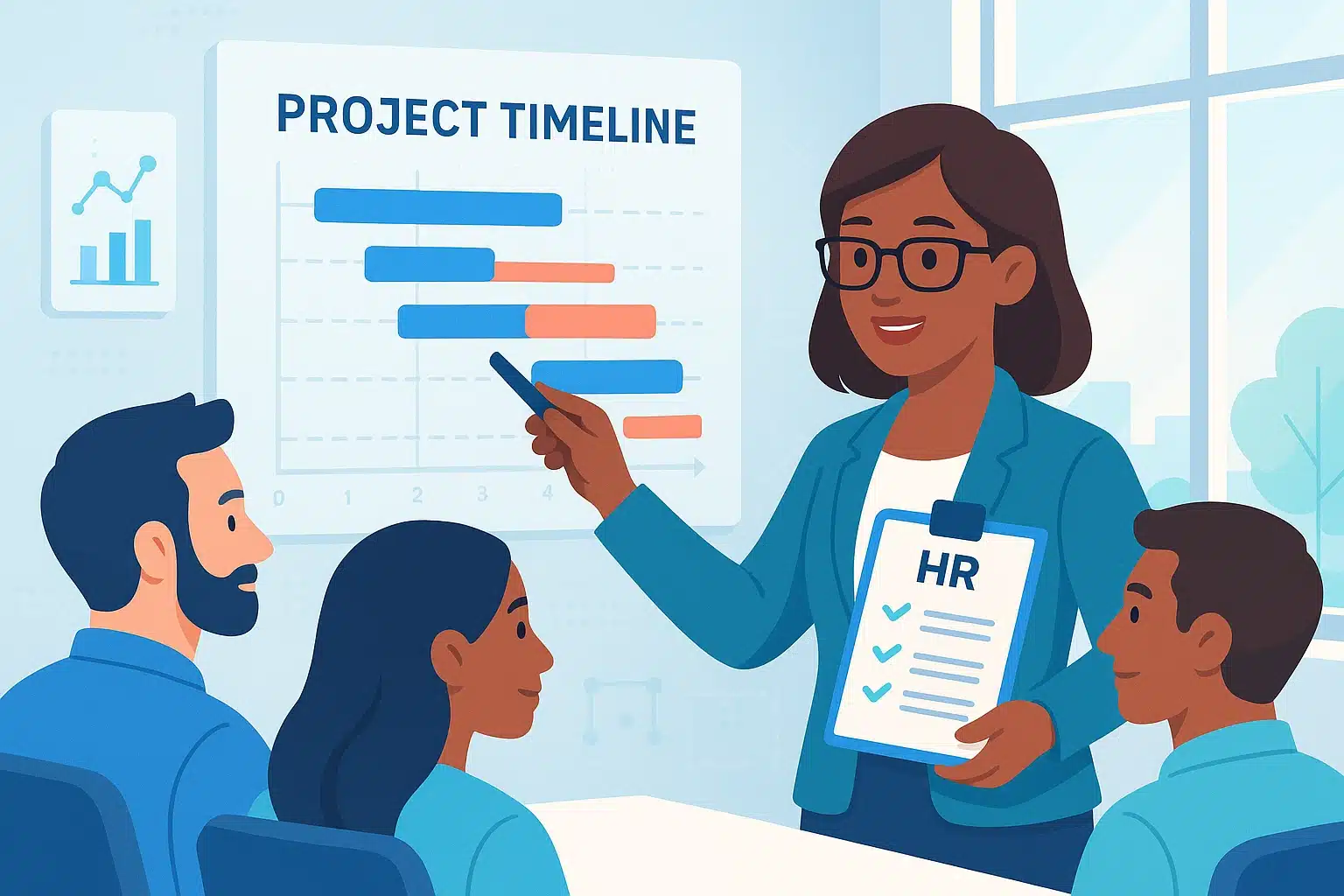 Une présentation sur le cahier des charges SIRH avec un graphique de calendrier de projet et un responsable RH expliquant les objectifs aux participants.