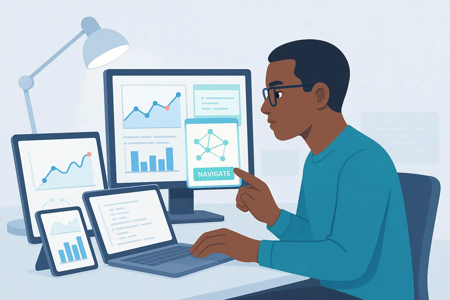 Une personne utilisant plusieurs écrans pour naviguer et analyser des données, illustrant l'engagement des utilisateurs finaux dans le traitement des informations.