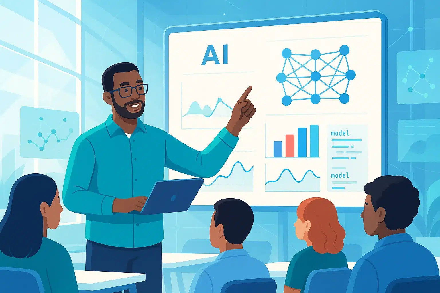 Un formateur présentant une formation sur l'IA générative avec des graphiques et des données d'analyse sur un tableau.