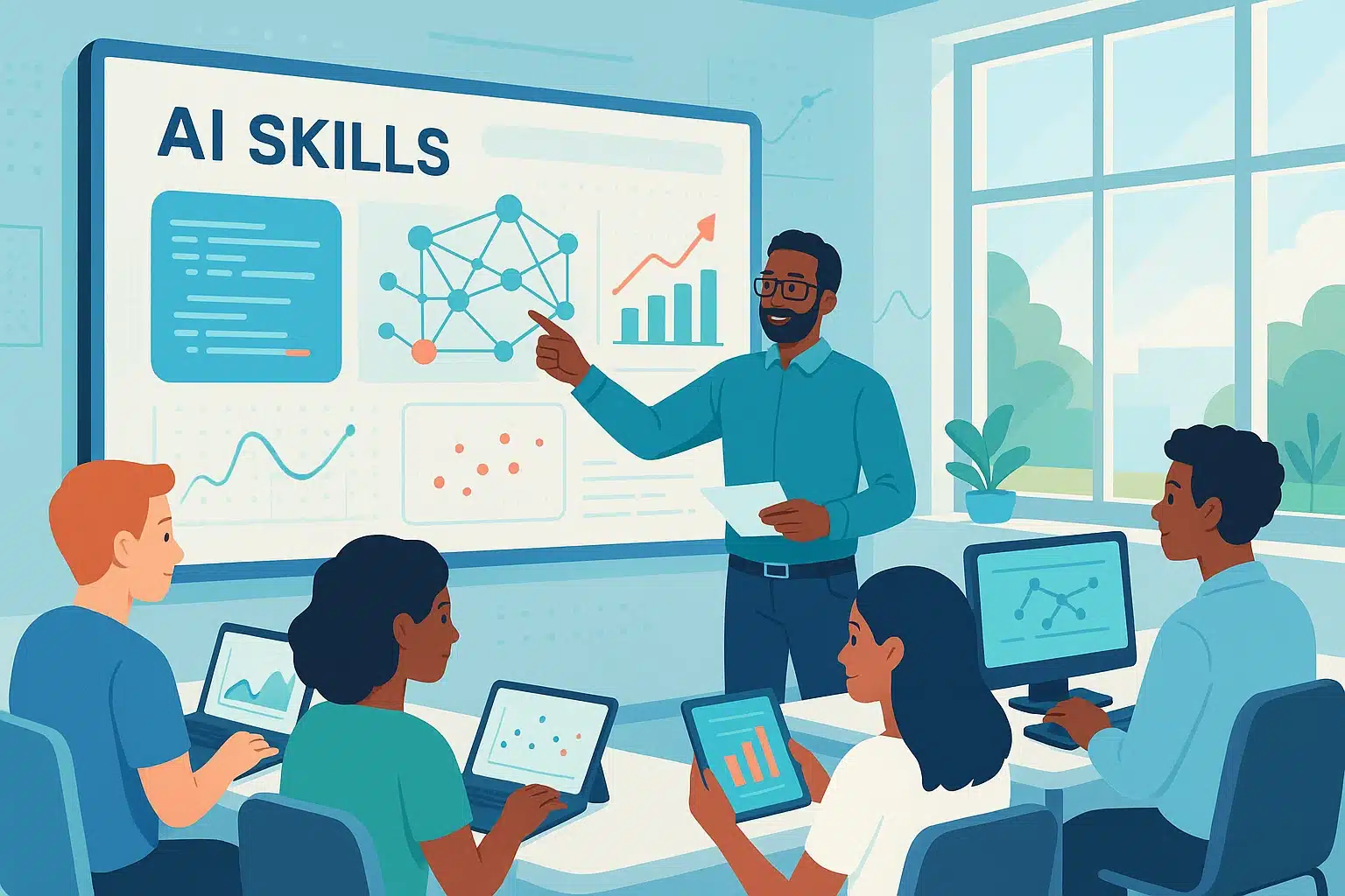 Un formateur enseignant les compétences en IA générative à un groupe d'apprenants dans un environnement de formation, avec des graphiques et des données sur un tableau.