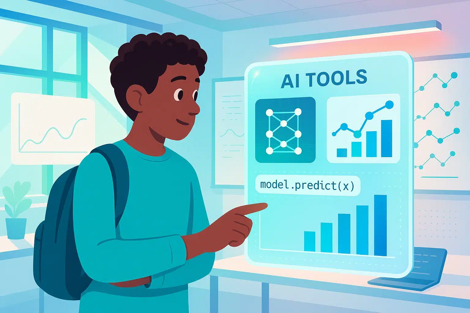Un jeune étudiant interagissant avec un écran affichant des outils d'IA générative, y compris des graphiques et du code.