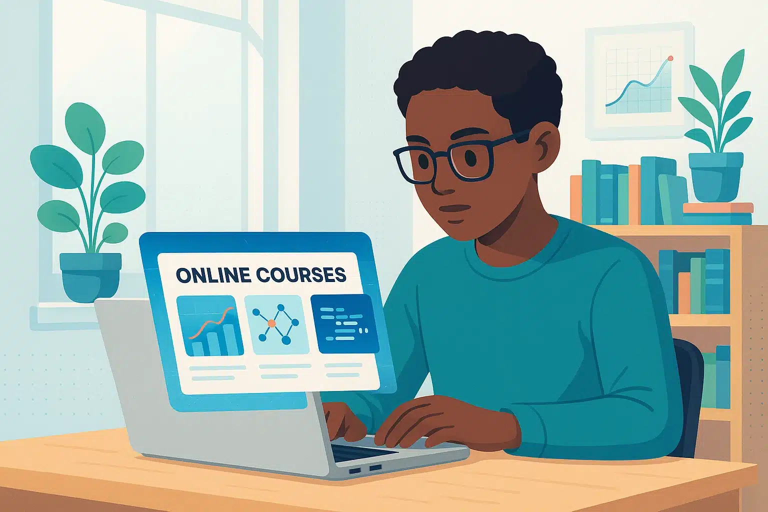 Un étudiant suivant une formation en IA générative sur son ordinateur portable, avec un écran affichant des cours en ligne.