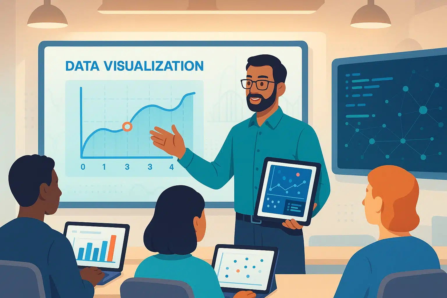 Homme utilisant un ordinateur portable pour créer un tableau de bord interactif avec des graphiques, lié à la formation Plotly.