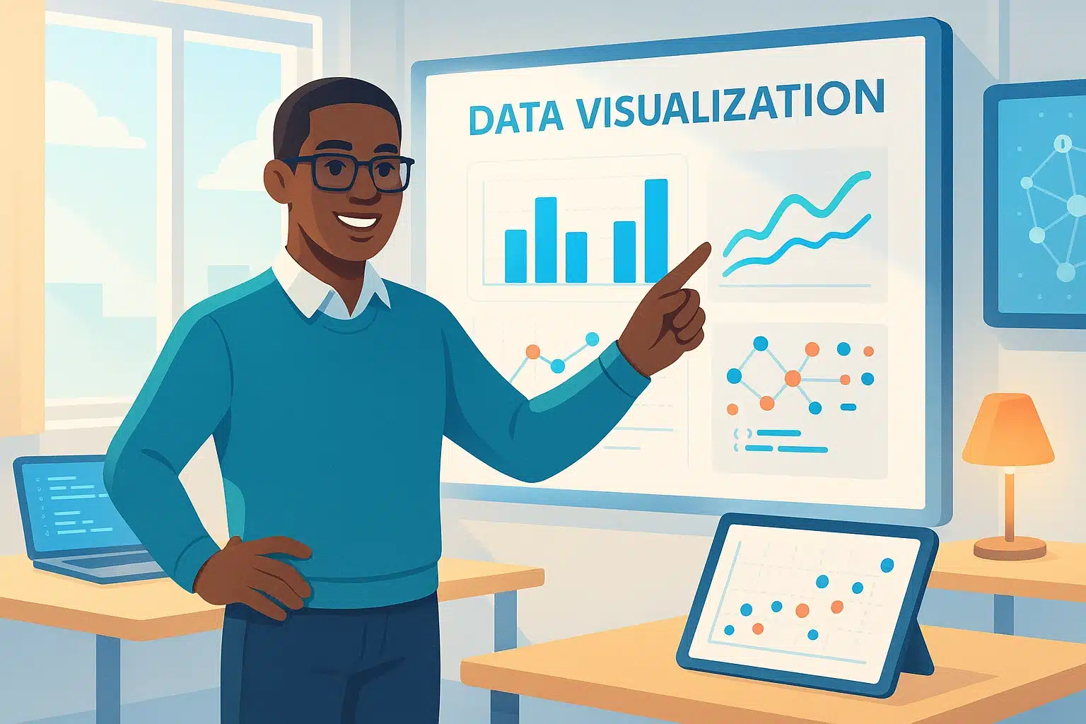 Formateur montrant un graphique de visualisation des données avec Plotly dans une salle de classe.