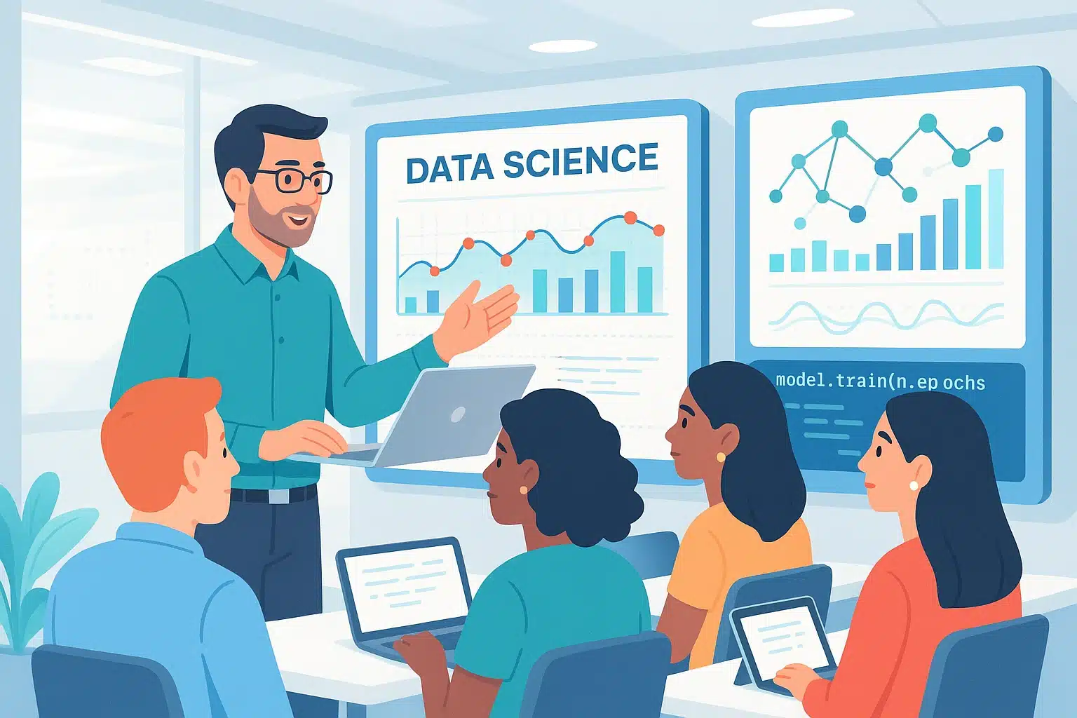 Séance de formation sur la science des données avec un formateur présentant des graphiques à un groupe d'apprenants utilisant des ordinateurs portables.
