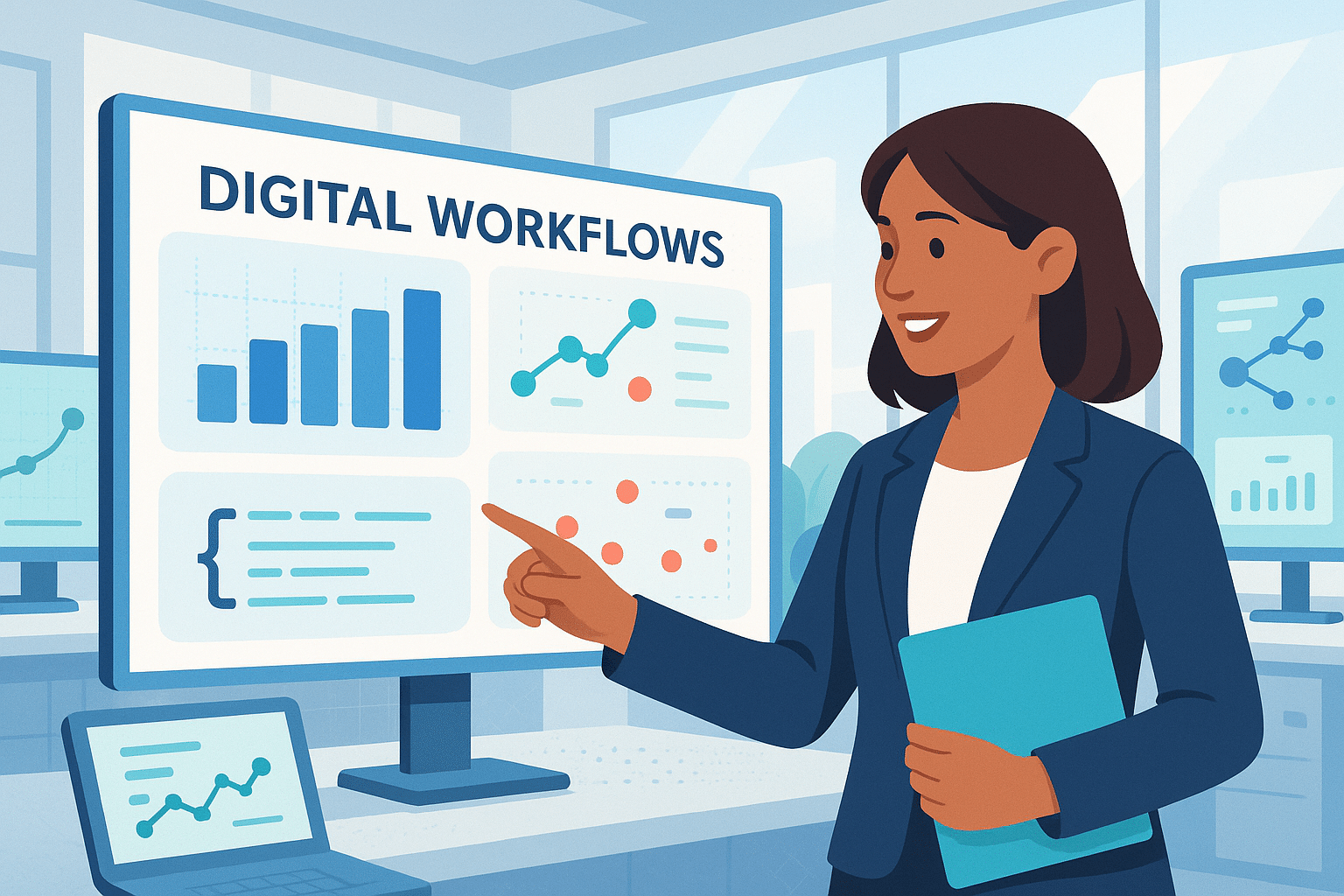 Un présentateur montrant des graphiques et des données sur les workflows numériques dans un cadre professionnel.