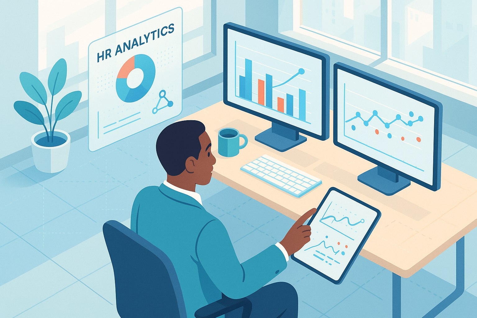 Professionnel analysant des données RH sur des écrans d'ordinateur et une tablette, illustrant le workflow RH.