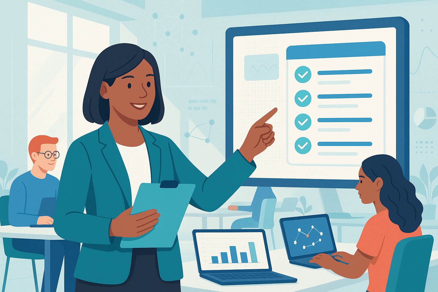 Une professionnelle des ressources humaines présente un tableau de suivi des tâches lors d'une réunion, entourée d'une équipe travaillant sur des ordinateurs.