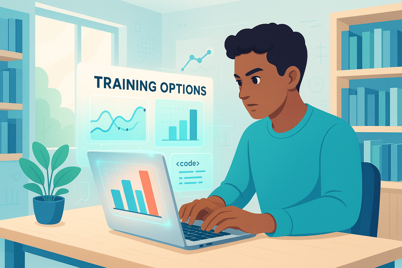 Personne utilisant un ordinateur portable pour explorer des options de formation SIRH avec des graphiques de données.