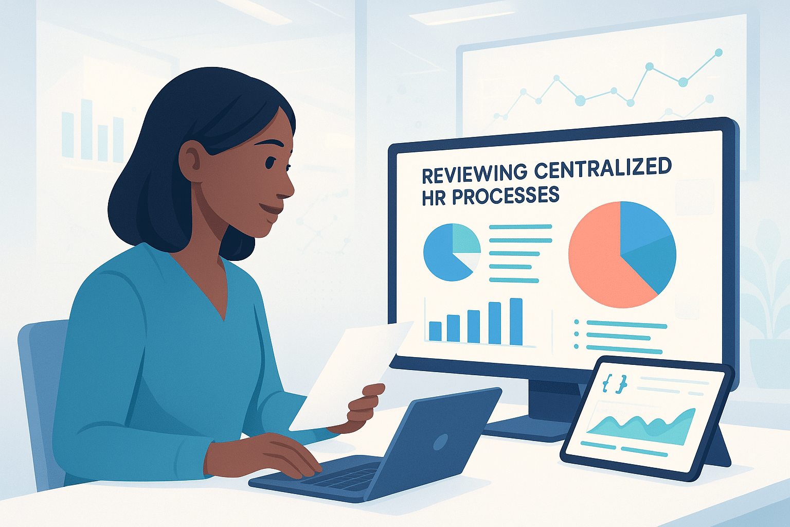 Personne analysant des graphiques de processus RH centralisés sur un écran pendant une formation SIRH.