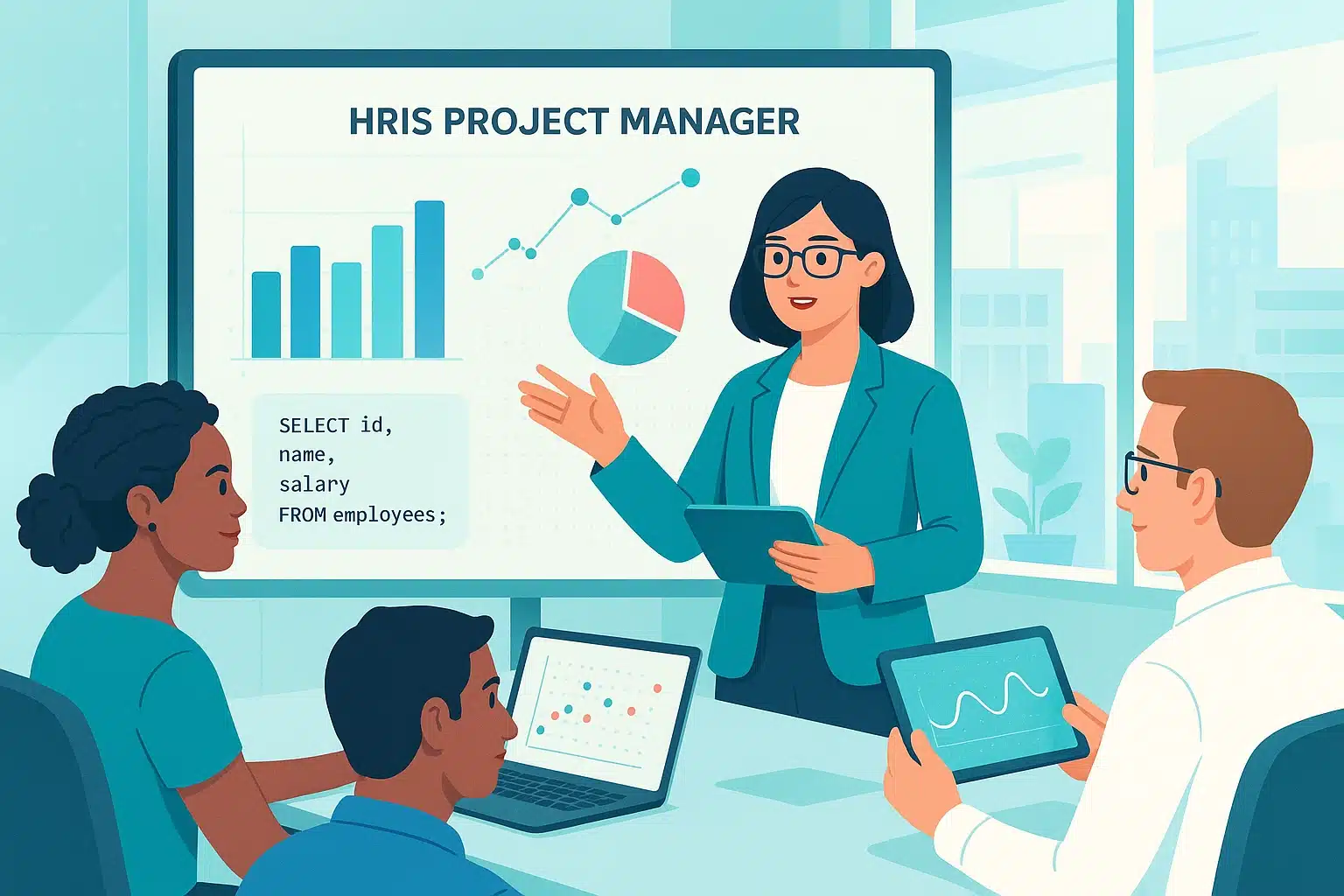 Présentation d'un chef de projet SIRH montrant des graphiques et des données sur un écran lors d'une réunion.