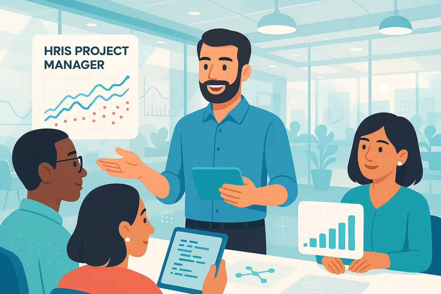 Une réunion de gestion de projet SIRH avec un chef de projet présentant des graphiques et des données à ses collègues.