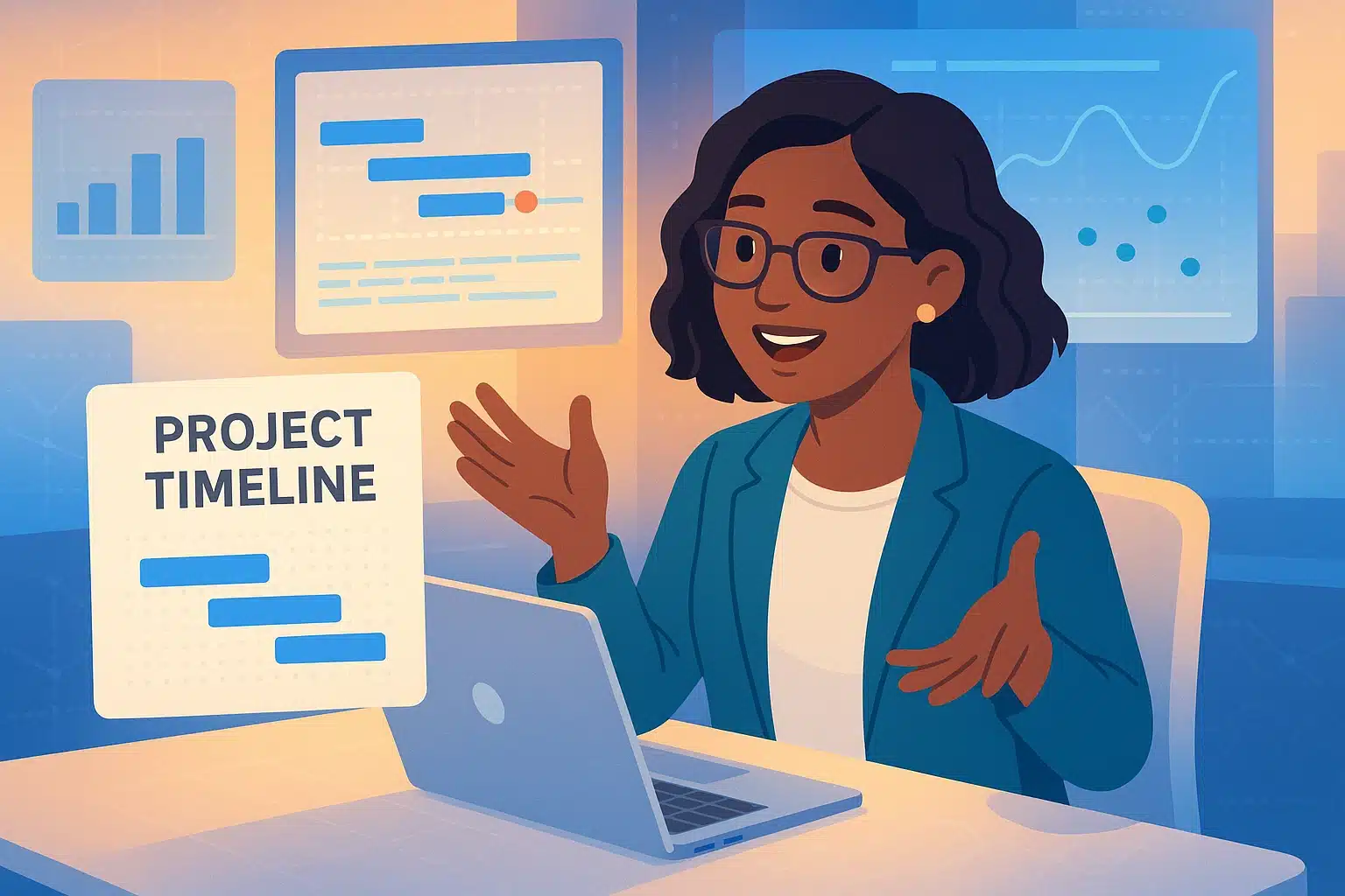 Chef de projet SIRH expliquant la timeline d'un projet en utilisant un ordinateur portable, avec des graphiques et des données en arrière-plan.