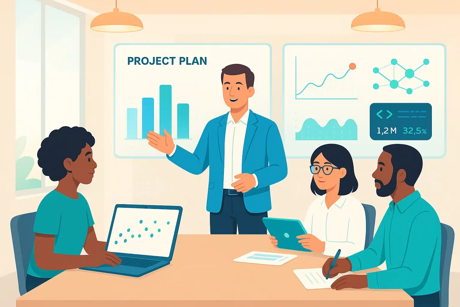 Réunion de projet avec un chef de projet SIRH présentant un graphique sur un écran, entouré d'une équipe analysant des données sur des ordinateurs et tablettes.