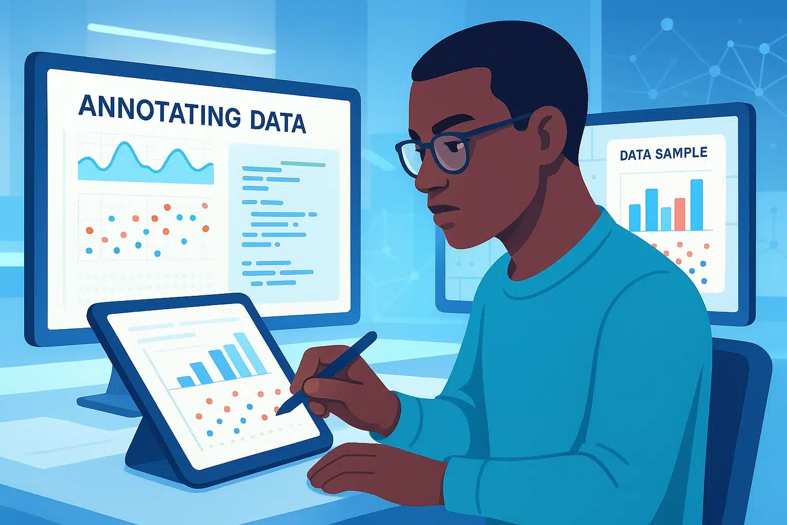 Personne annotant des données sur une tablette avec des graphiques et des modèles affichés sur des écrans d'ordinateur, illustrant le travail avec Surge AI.