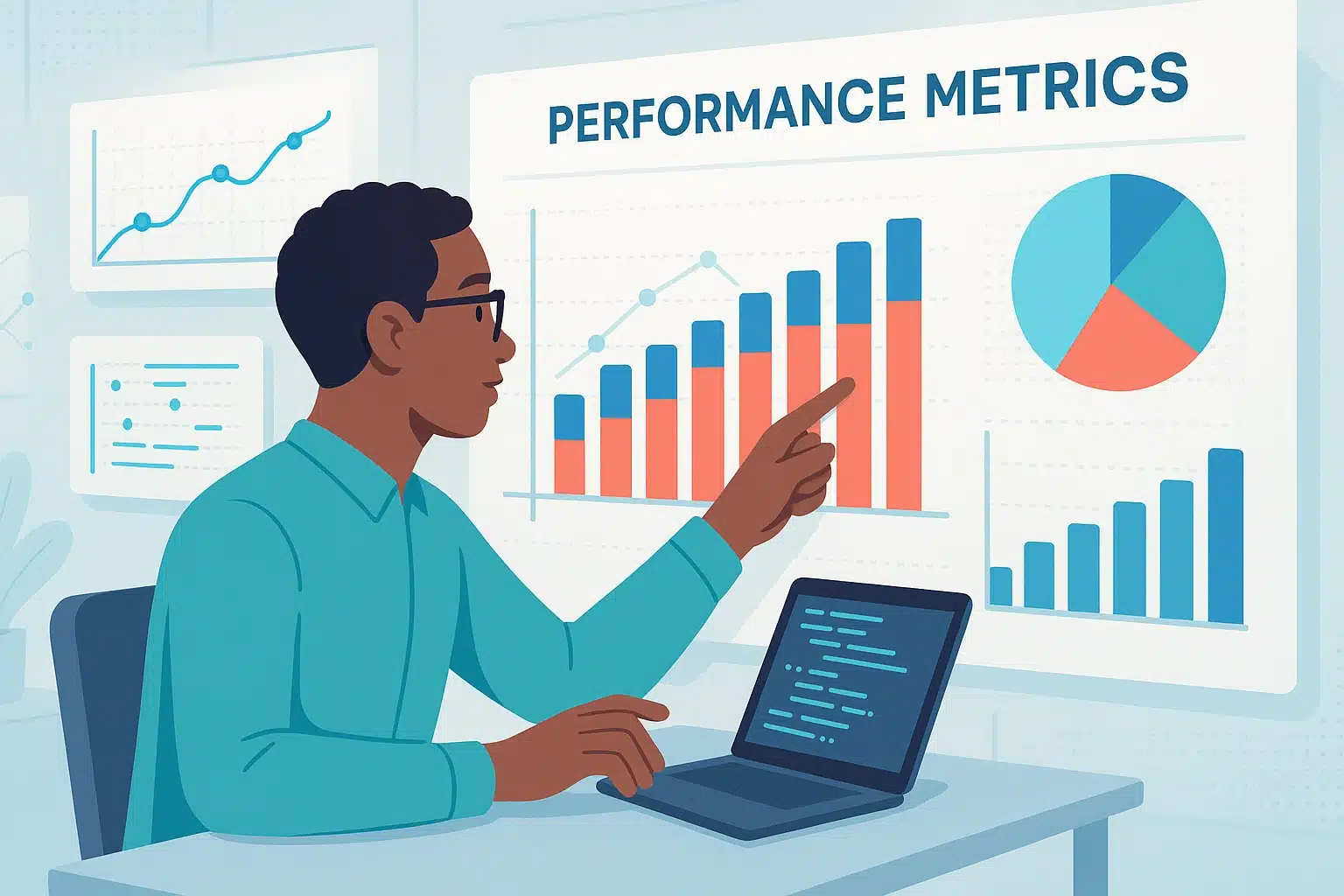 Personne analysant les métriques de performance avec des graphiques sur un écran, représentant l'utilisation de Surge AI pour optimiser les données.