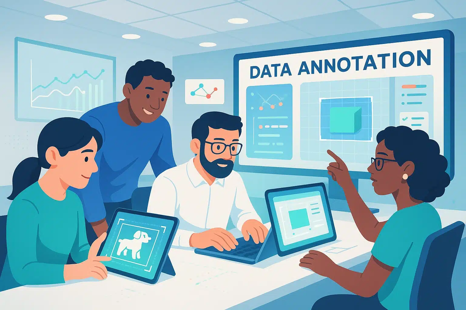 Équipe travaillant sur l'annotation de données dans un bureau, avec des graphiques et des-tablets, illustrant l'utilisation de Surge AI.
