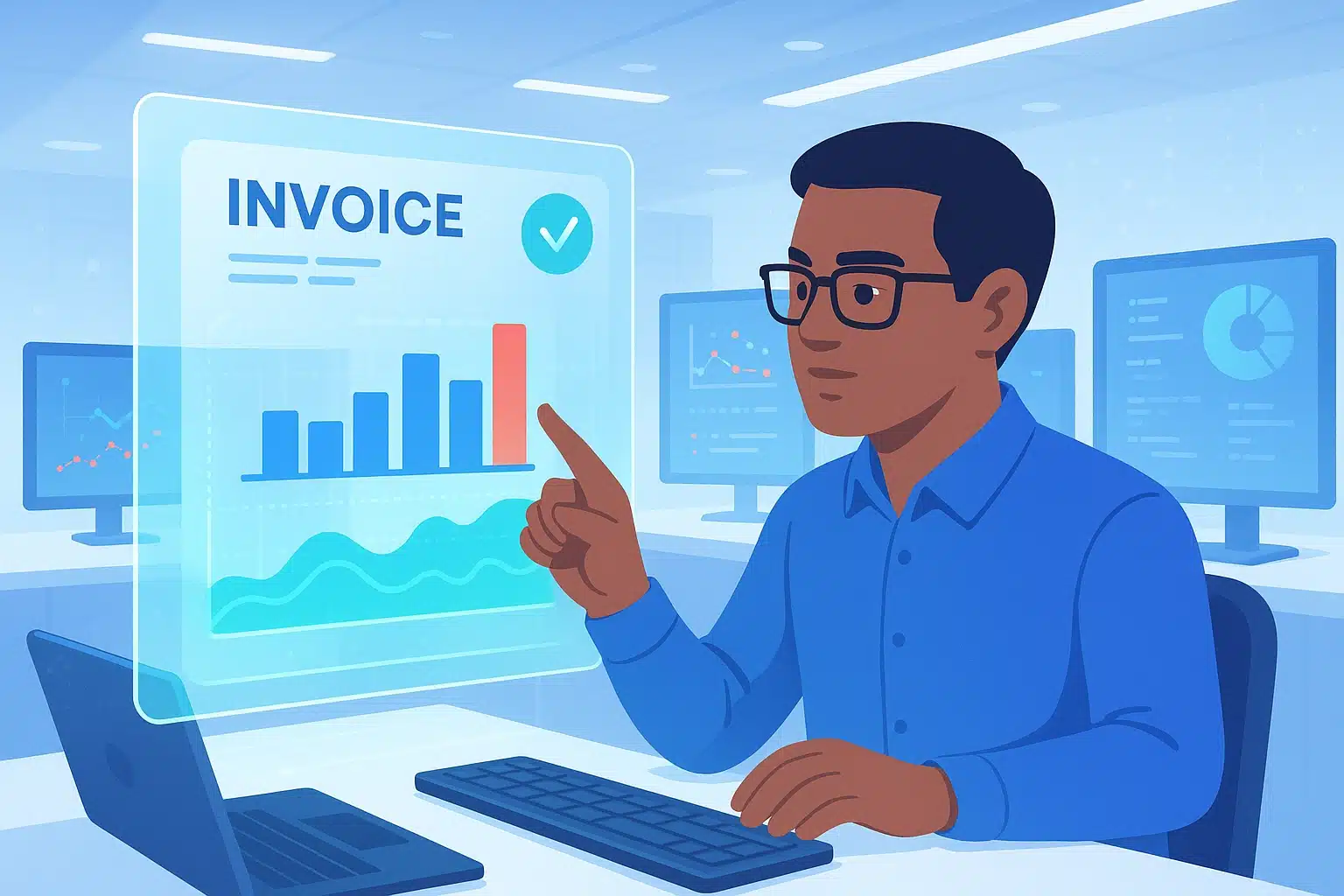 Personne travaillant sur un format de facture électronique avec un graphique de données sur un écran.