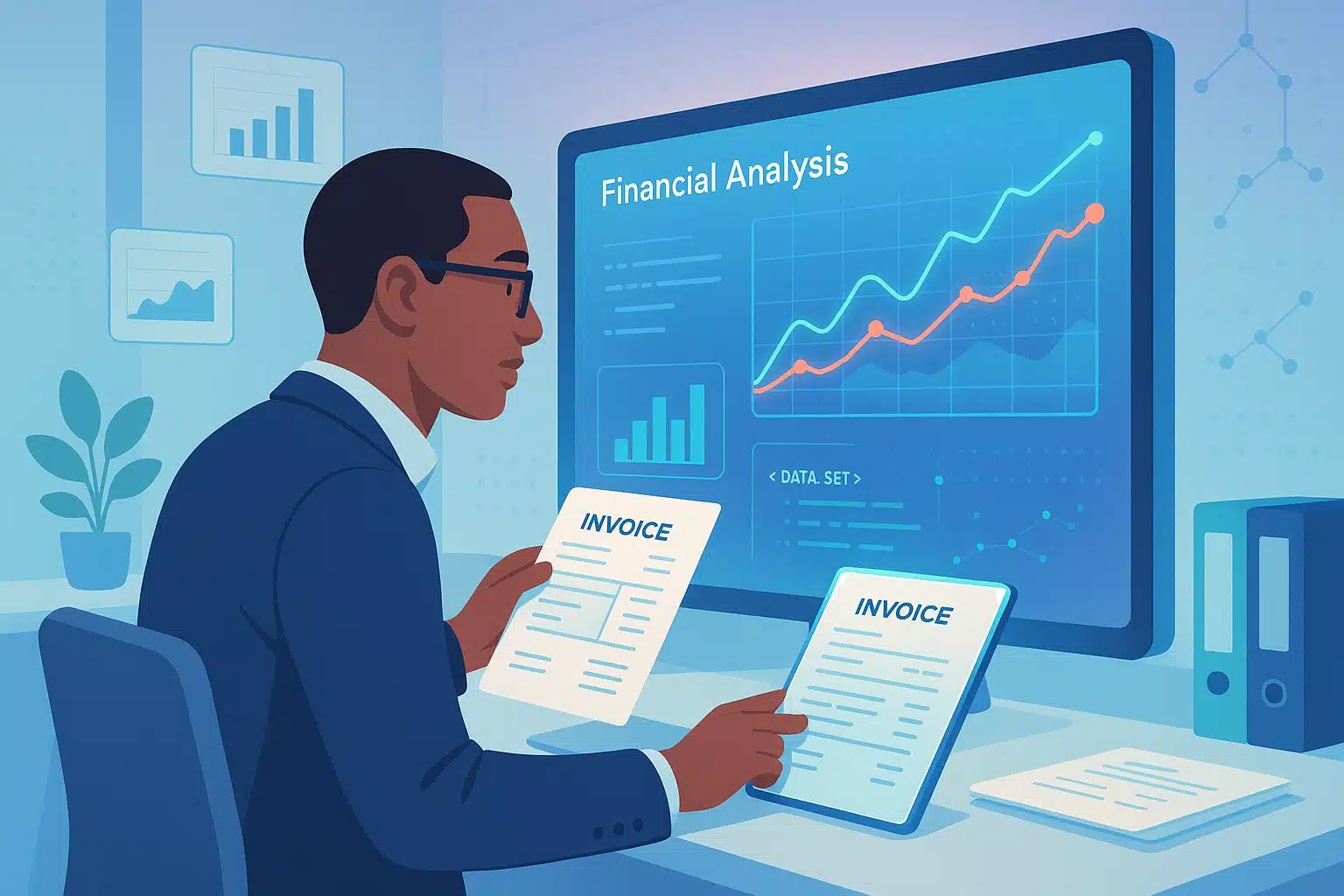 Une personne examinant des factures électroniques tout en consultant une analyse financière sur un écran, illustrant le format de facture électronique.