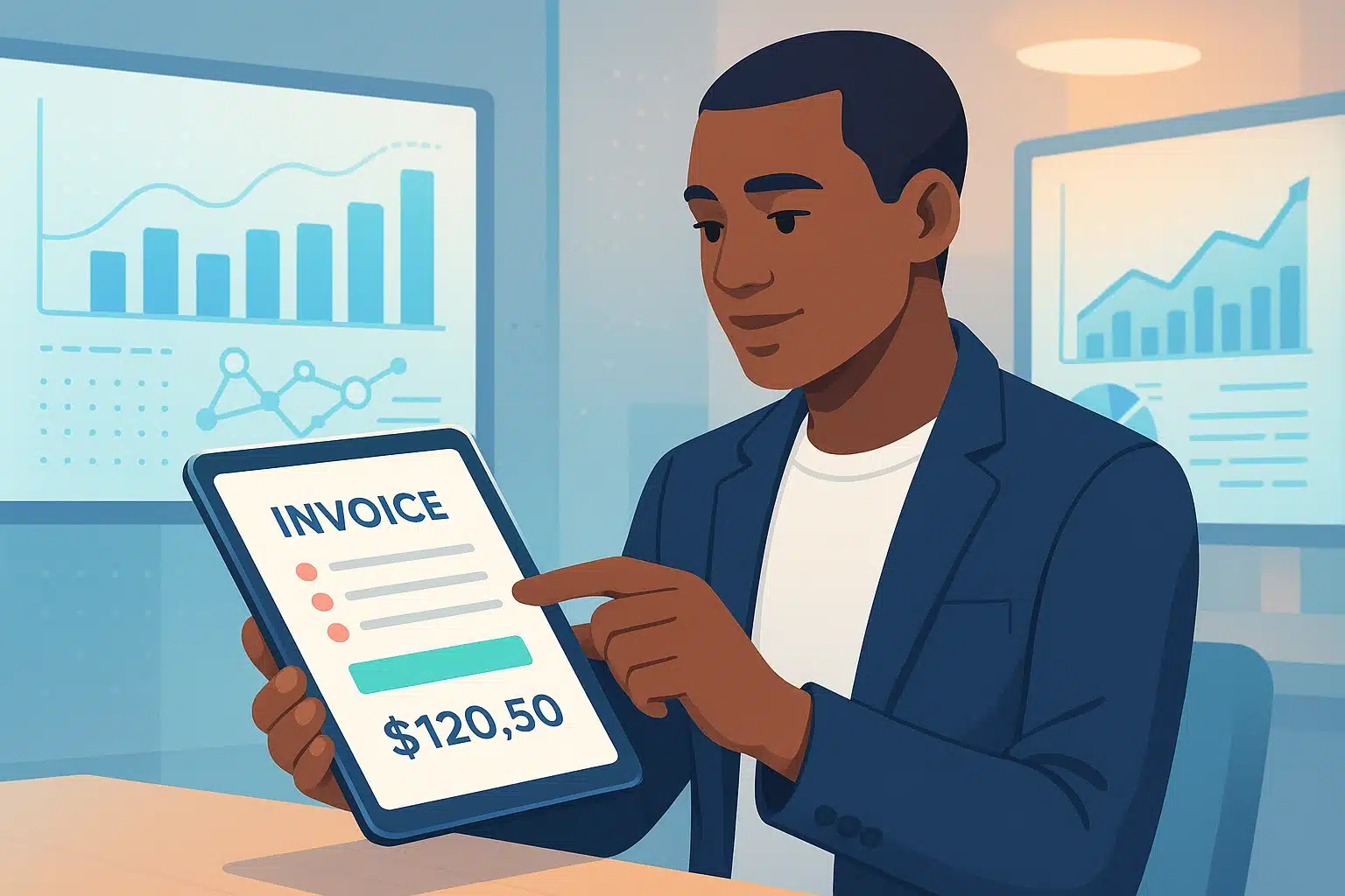 Homme utilisant une tablette pour consulter un format de facture électronique avec un montant de 120,50 $.