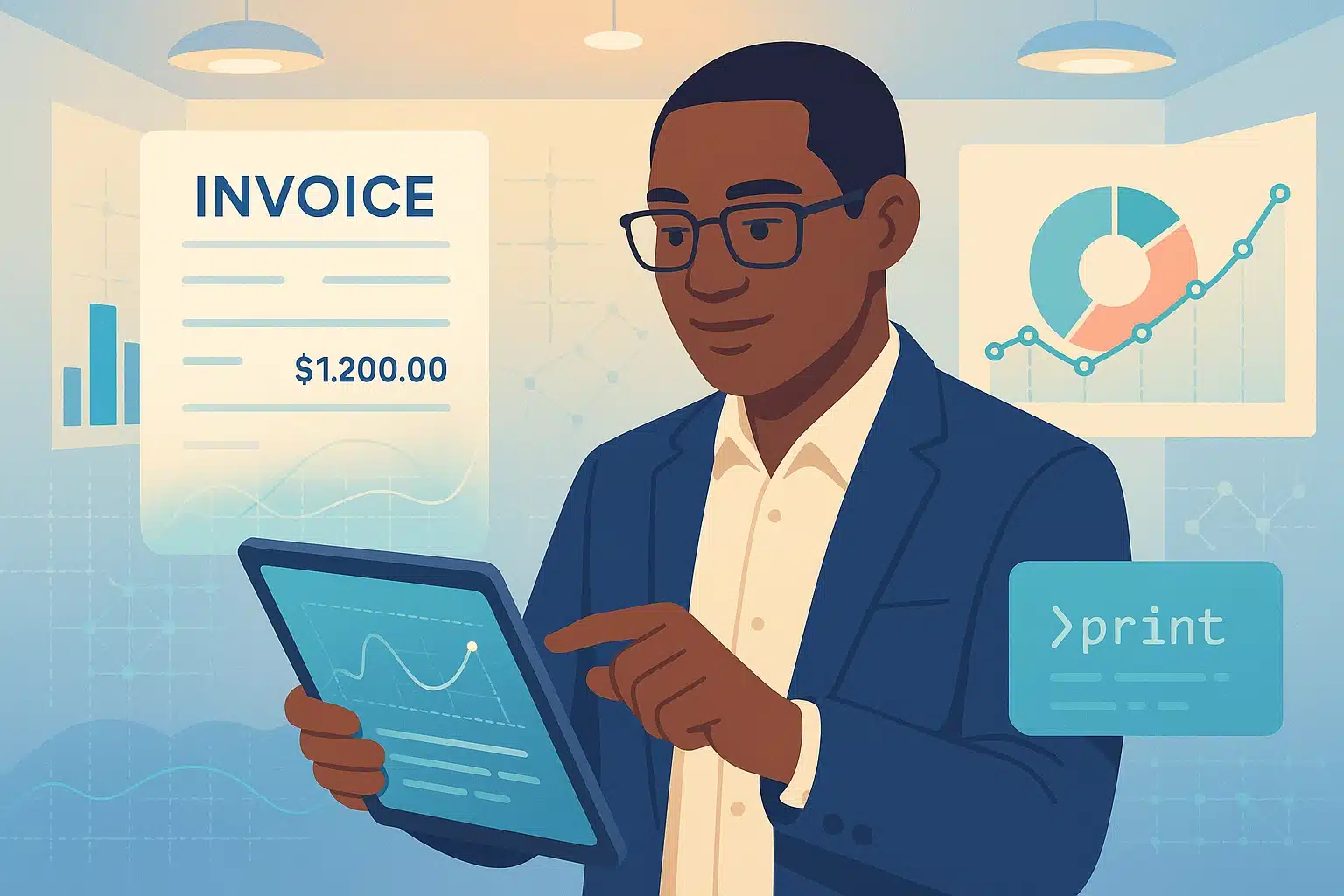 Professionnel utilisant une tablette pour gérer un format de facture électronique, affichant des graphiques de données en arrière-plan.