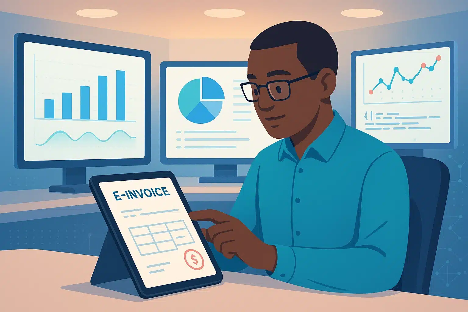 Personne utilisant une tablette pour consulter un format de facture électronique, avec des graphiques de données en arrière-plan.