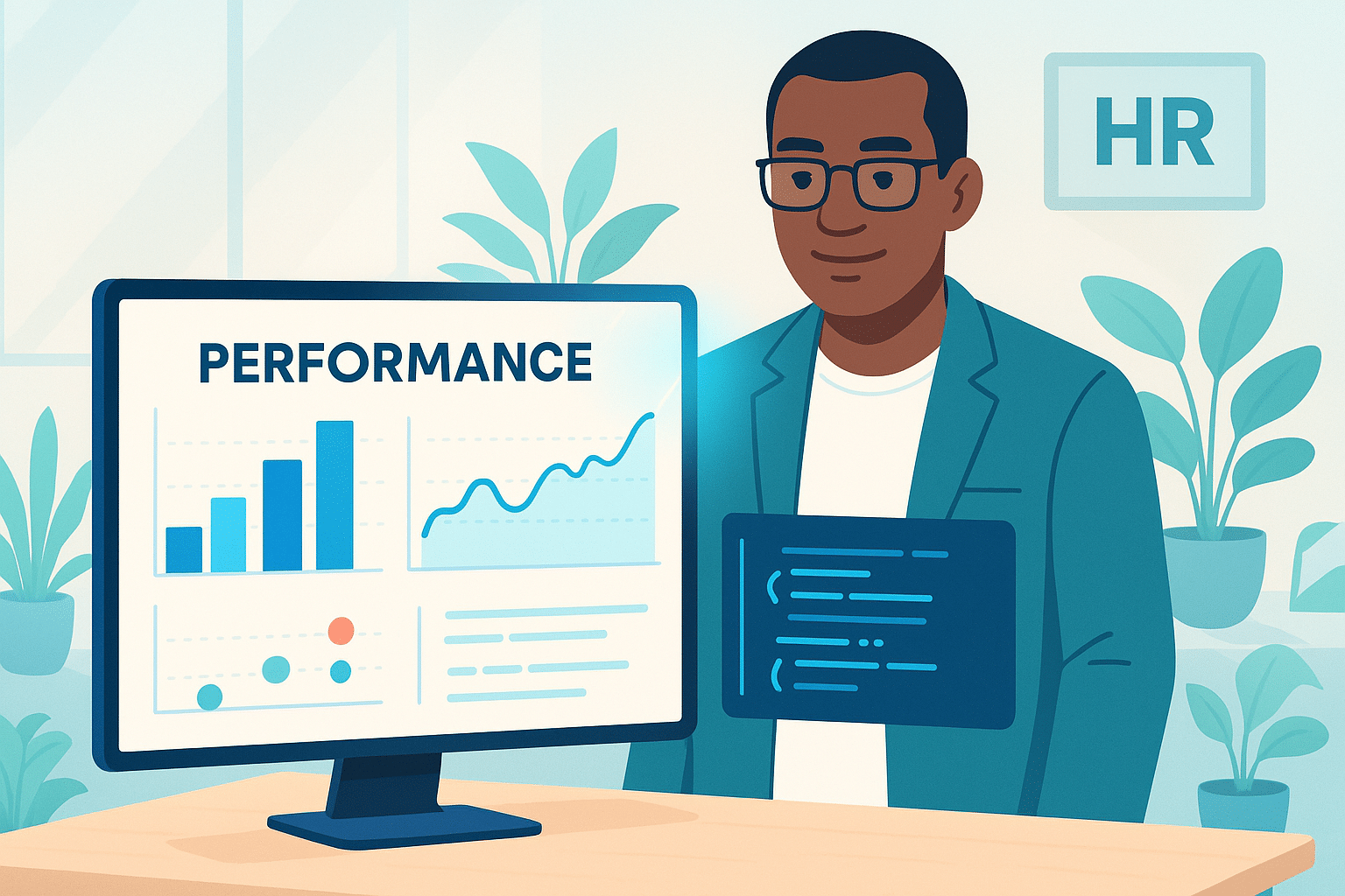 Un professionnel des ressources humaines examinant des graphiques de performance sur un écran d'ordinateur, illustrant l'utilisation du logiciel SIRH pour analyser les données RH.