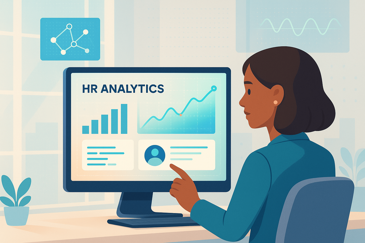 Femme analysant des données sur un ordinateur, illustrant l'utilisation d'un logiciel SIRH pour les analyses des ressources humaines.