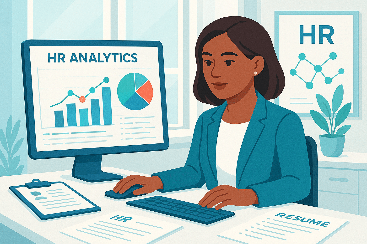 Femme utilisant un logiciel SIRH sur un ordinateur, avec des graphiques d'analytique des ressources humaines affichés à l'écran.