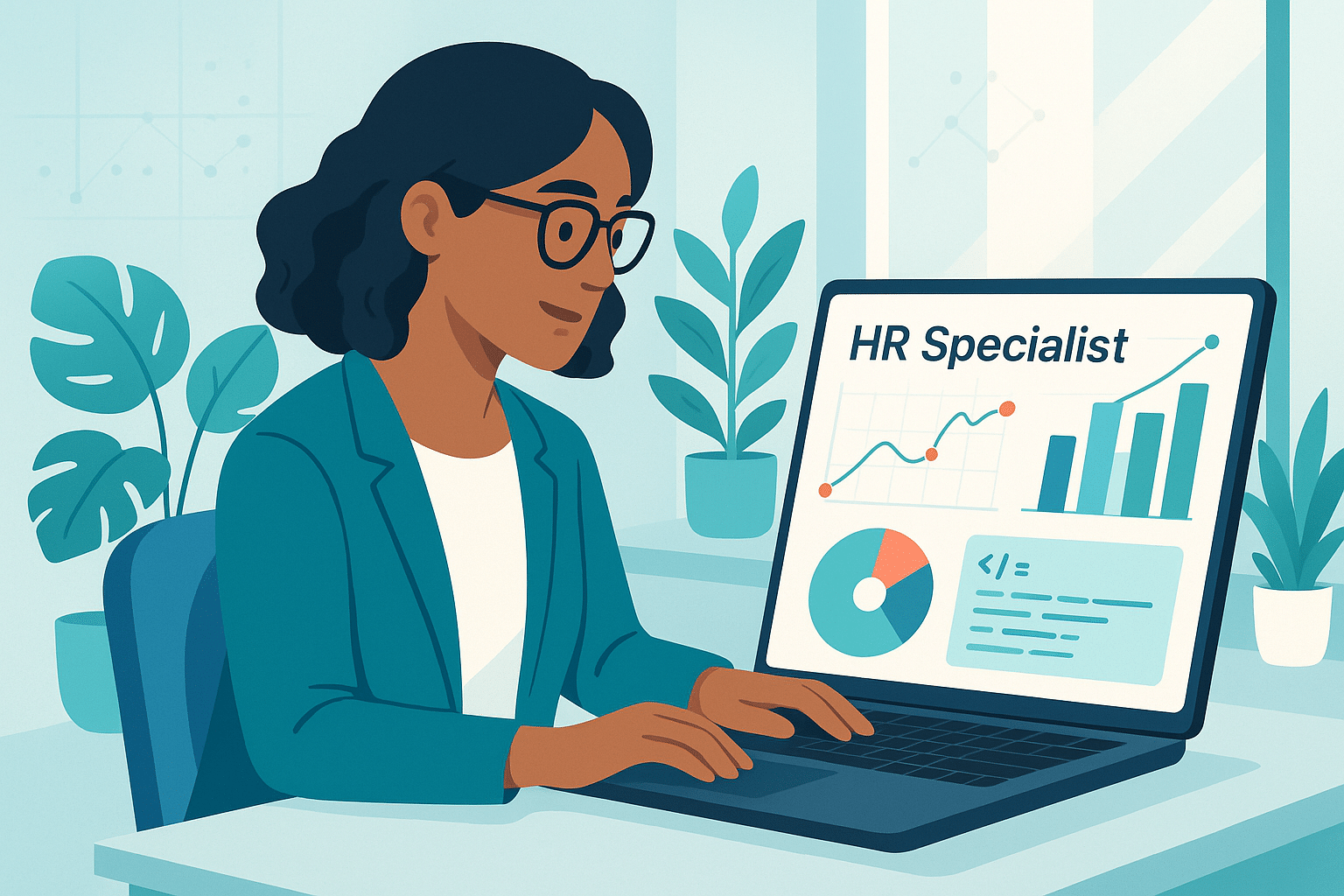 Spécialiste en ressources humaines travaillant sur un logiciel SIRH avec des graphiques de données sur un ordinateur portable.