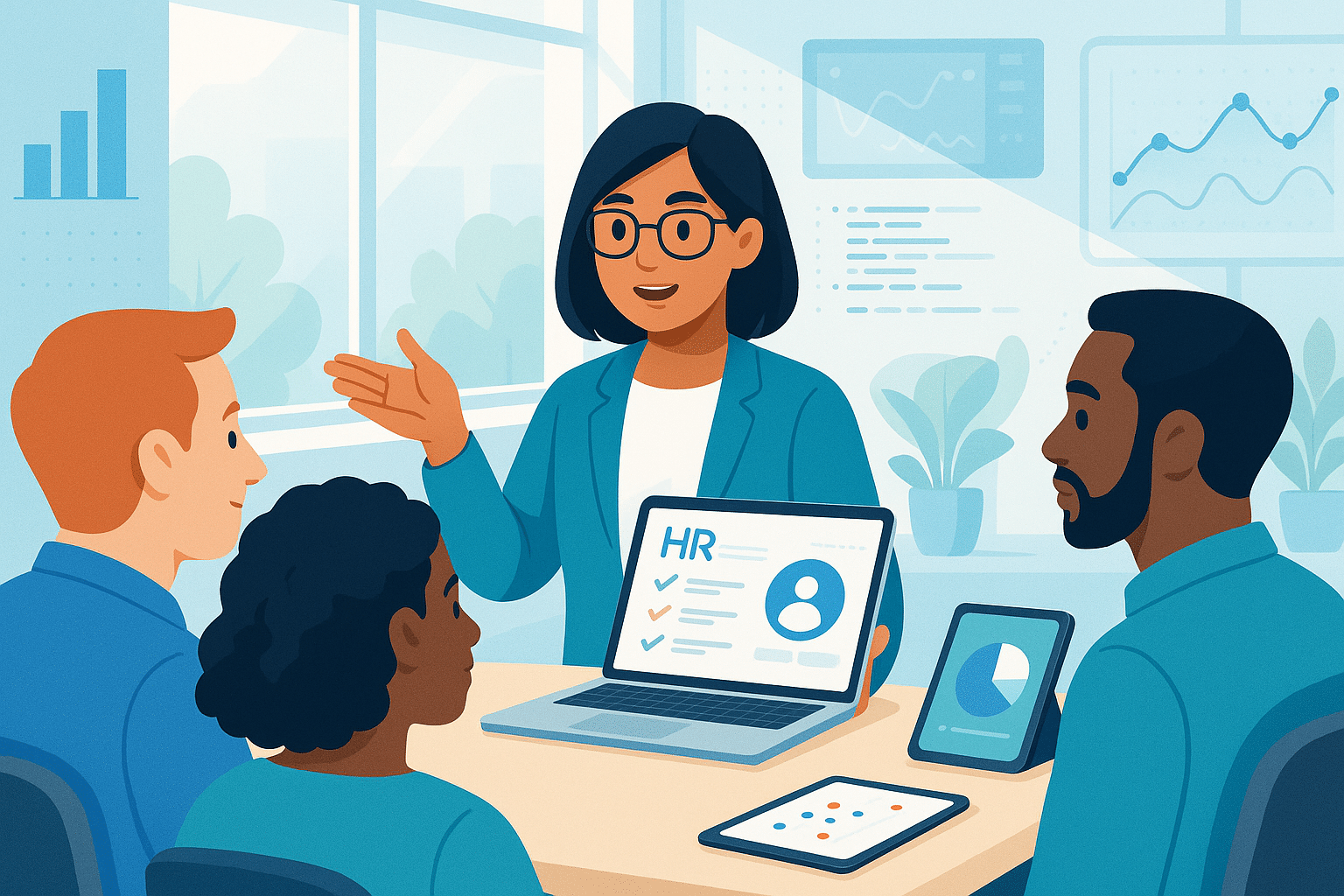 Présentation sur un ordinateur portable lors d'une réunion d'équipe sur la gestion des ressources humaines avec Amoa SIRH.