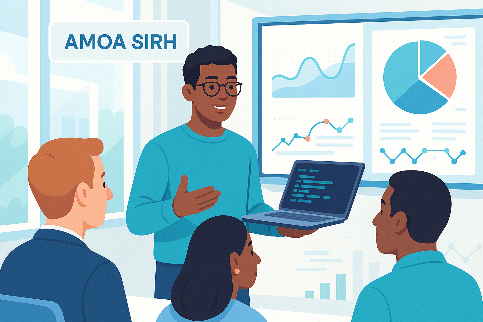 Un consultant présente une solution Amoa SIRH devant un graphique et une équipe attentive.