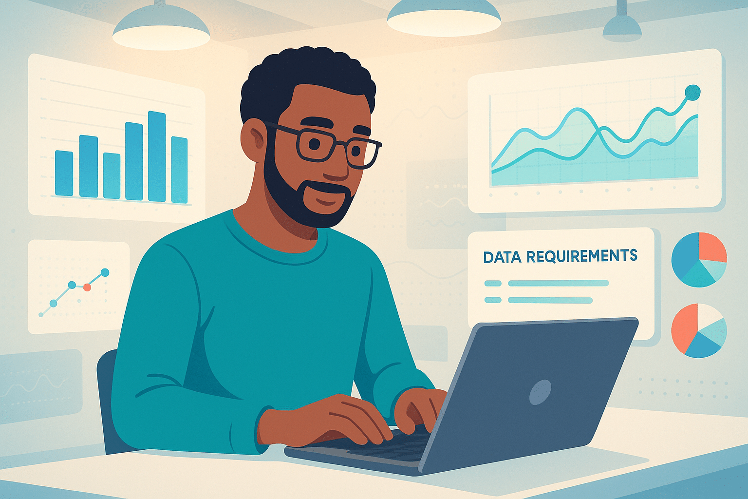 Personne travaillant sur un ordinateur avec des graphiques et des exigences de données en arrière-plan, illustrant le logiciel Amoa SIRH.