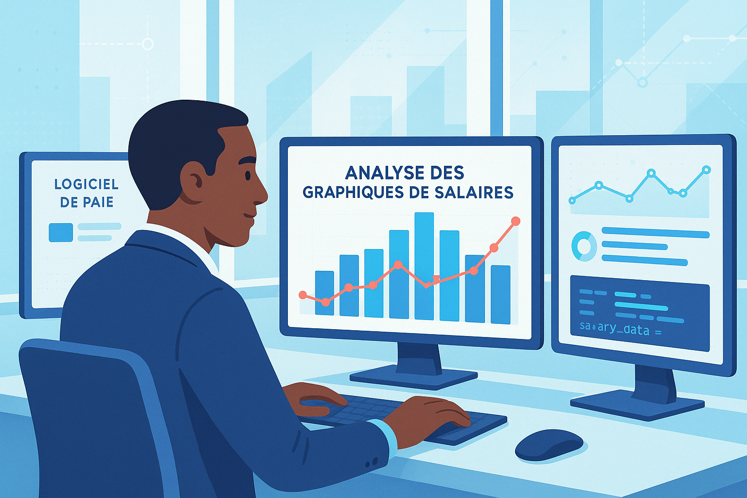 Professionnel utilisant un logiciel de paie pour analyser des graphiques de salaires dans un environnement de bureau.