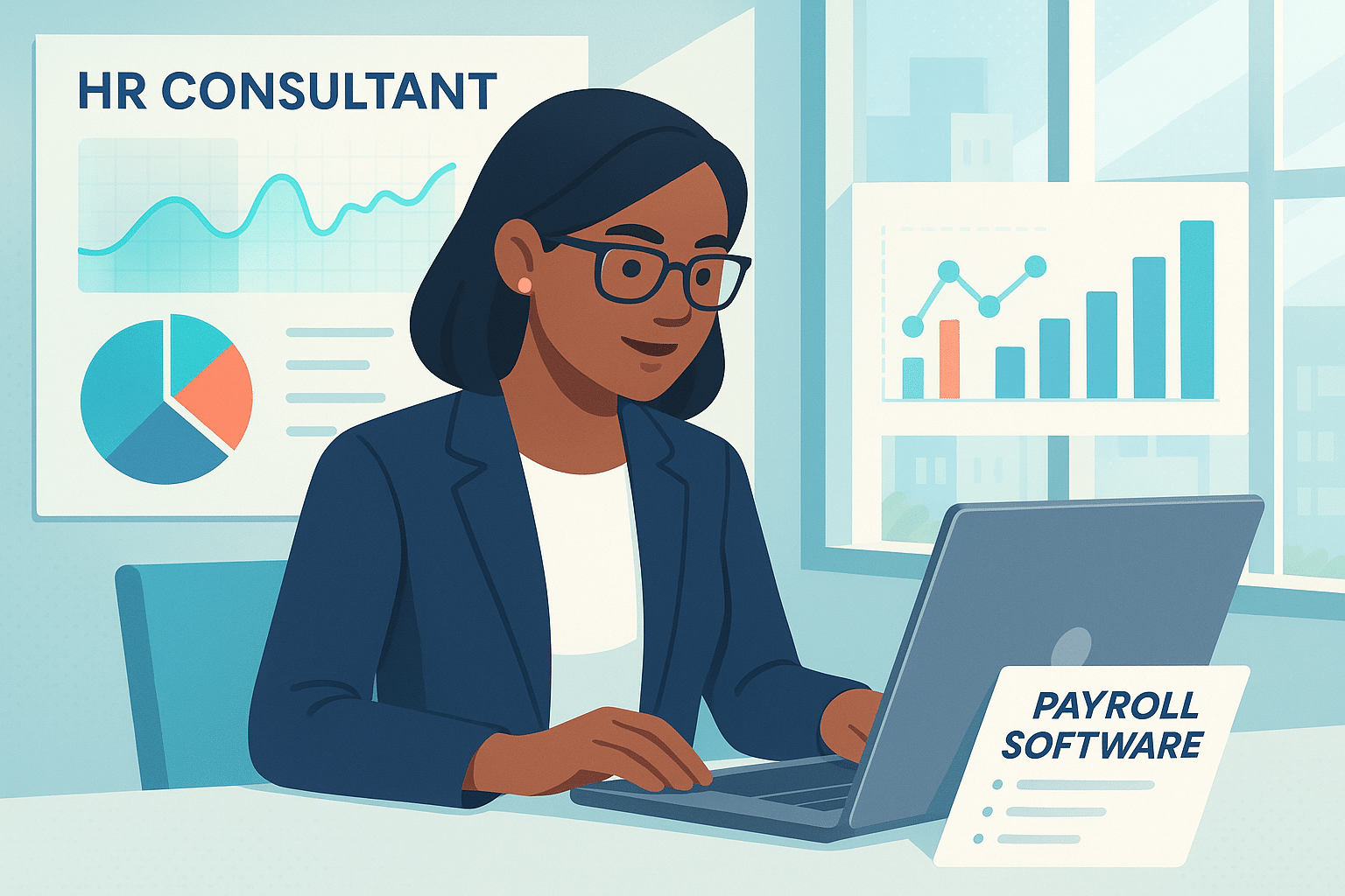 Consultant en ressources humaines utilisant un logiciel de paie avec des graphiques illustrant des données de performance.