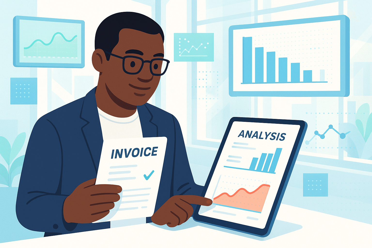 Homme examine une facture électronique avec une analyse de données sur une tablette, illustrant le concept de facturation électronique.